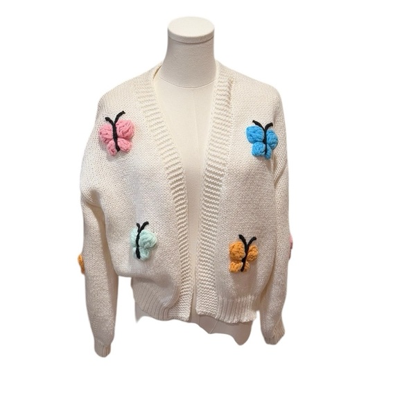 Luna Ivy Butterflies Open Cropped Cardigan Cream Pastel Womens size Small - Picture 4 of 12